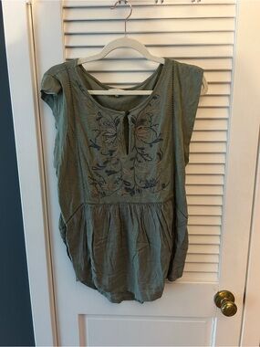 Lucky Brand Olive Green Embroidered Peasant Tunic